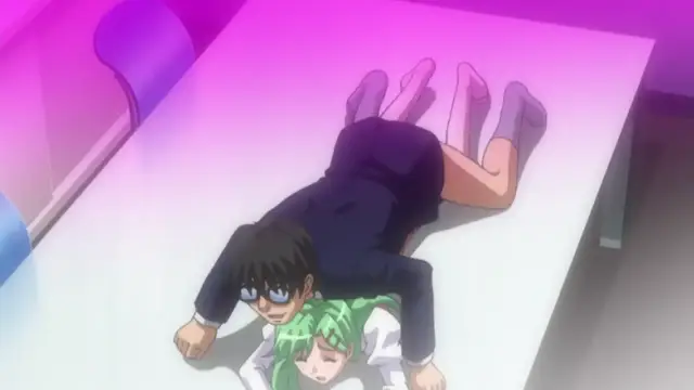 A male character with dark hair and glasses sits on top of a girl with green hair on a white table, while her legs are raised behind him. Screenshot from Gakuen Saimin Reido - Episode 3