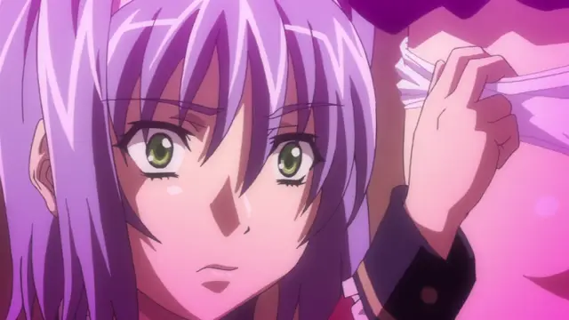 A close-up anime girl with purple hair and green eyes looks shocked and sweating as she pulls at her white clothing. Screenshot from Gakuen Saimin Reido - Episode 3