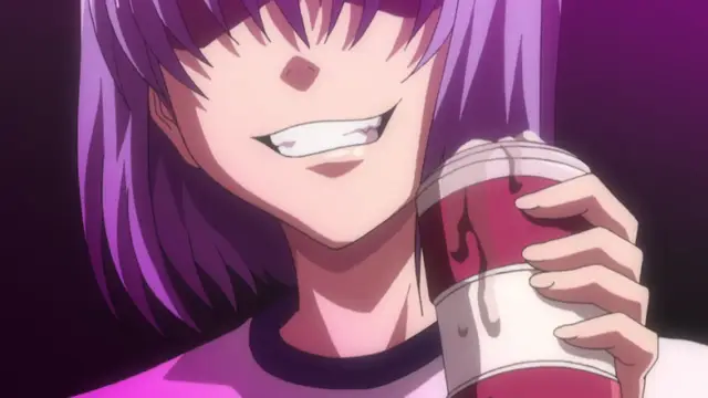 A smiling anime girl with purple hair and a white shirt holds a red and white coffee cup in front of a purple background. Screenshot from Gakuen Saimin Reido - Episode 3