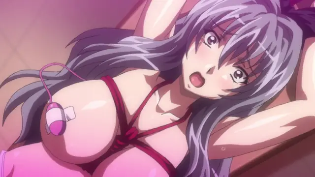 A wide-eyed anime girl with purple hair lies on her back wearing a revealing red bikini and a pink vibrator attached to her breast. Screenshot from Gakuen Saimin Reido - Episode 3