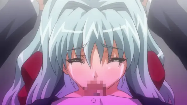 An anime girl with long light blue hair and red hair ribbons looks down with a blushing, sweaty face and closed eyes while being held from behind. Screenshot from Gakuen Saimin Reido - Episode 3