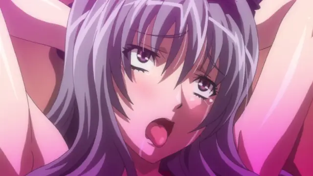 An anime girl with purple hair and blushing cheeks expresses an aroused look with her mouth open and eyes rolled back while being held by several muscular arms in a group sex scene. Screenshot from Gakuen Saimin Reido - Episode 3