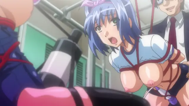 A blue-haired woman with large breasts is tied up with red ropes in a school setting while being observed by a man in a suit. Screenshot from Gakuen Saimin Reido - Episode 3