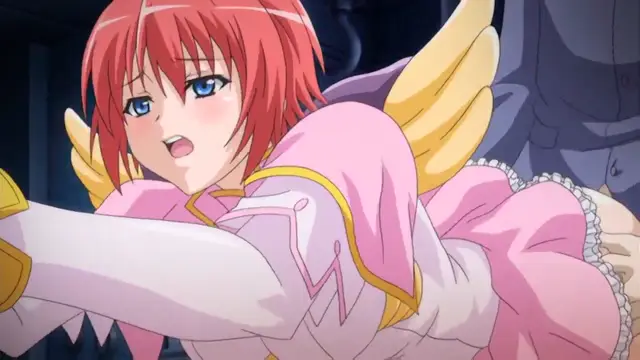 An anime girl with pink hair and wings in a pink dress looks surprised as she is being fucked from behind by a man in a suit. Screenshot from Toriko Hime Hakudaku Mamire no Reijou - Episode 1