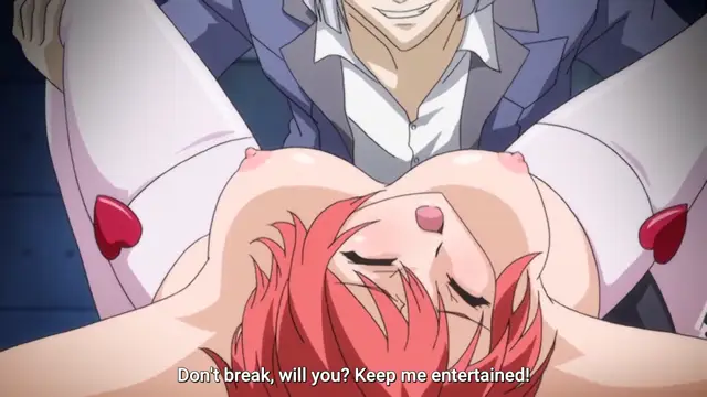 A red-haired woman lies on her back with her eyes closed and an open mouth while a man in a blue suit looms over her, with the subtitle "Don't break, will you? Keep me entertained!" displayed at the bottom. Screenshot from Toriko Hime Hakudaku Mamire no Reijou - Episode 1