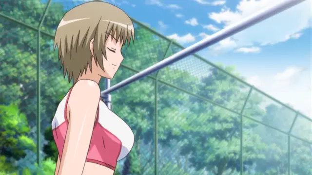 A blonde anime girl with closed eyes and a blushing face wears a pink and white bikini while standing in front of a volleyball net outdoors. Screenshot from Toriko Hime Hakudaku Mamire no Reijou - Episode 1