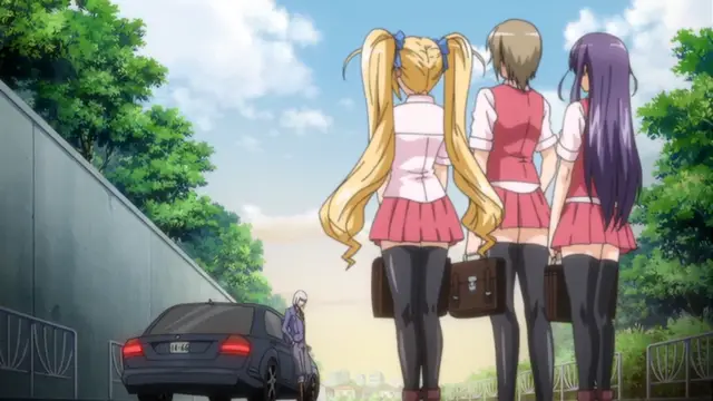 Three anime girls in school uniforms stand with their backs to the camera next to a black car, while a woman in a purple dress sits on the ground nearby. Screenshot from Toriko Hime Hakudaku Mamire no Reijou - Episode 1