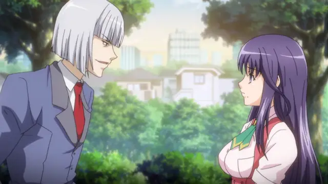 A man with white hair and a suit stands outside next to a woman with purple hair who is wearing a red and white outfit. Screenshot from Toriko Hime Hakudaku Mamire no Reijou - Episode 1