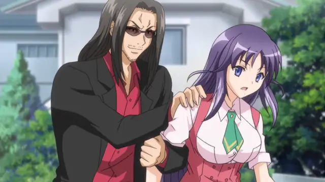 A tall man with long black hair, sunglasses, and a goatee wearing a suit and red shirt stands behind a purple-haired girl in a school uniform, holding her arm and waist as she looks surprised. Screenshot from Toriko Hime Hakudaku Mamire no Reijou - Episode 1