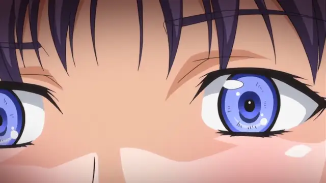 A close-up shot shows a female anime character with purple hair and large blue eyes looking downwards with a blushing face and a wide-eyed, dazed expression. Screenshot from Toriko Hime Hakudaku Mamire no Reijou - Episode 1