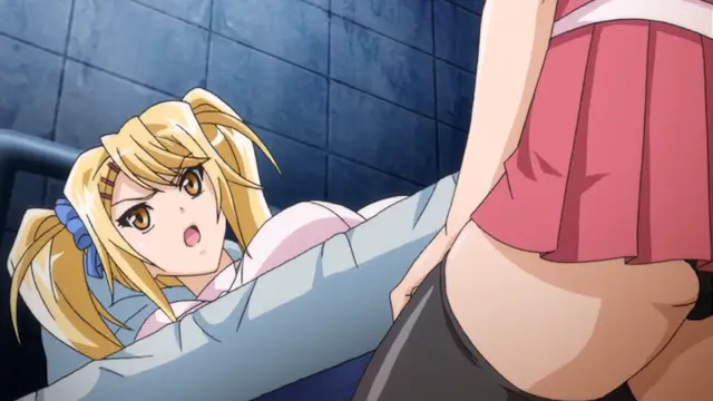 A shocked anime girl with blonde hair and pigtails looks up from a bed as another girl in a school uniform stands in front of her, showing her buttocks. Screenshot from Toriko Hime Hakudaku Mamire no Reijou - Episode 2