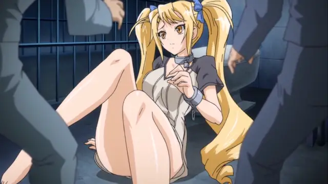 A blonde girl with twin tails in a short dress sits on the floor of a jail cell with her legs spread apart while surrounded by several men in suits. Screenshot from Toriko Hime Hakudaku Mamire no Reijou - Episode 2