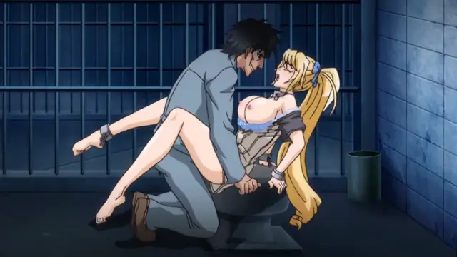 A man in a blue robe is kneeling in a prison cell and fucking a blonde woman who is lying across his lap with her breasts exposed. Screenshot from Toriko Hime Hakudaku Mamire no Reijou - Episode 2