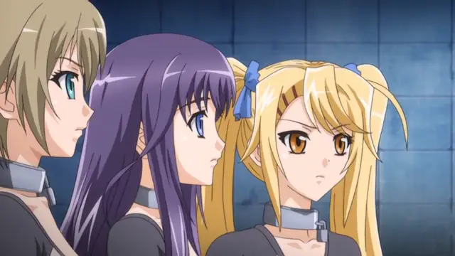 Three anime girls with various hair colors and expressions, wearing collars around their necks, are shown in a medium shot against a blue-tiled background. Screenshot from Toriko Hime Hakudaku Mamire no Reijou - Episode 2