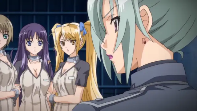 A light-blue-haired man stands in the foreground looking down at three women in white uniforms with collars who are standing in a row behind bars. Screenshot from Toriko Hime Hakudaku Mamire no Reijou - Episode 2