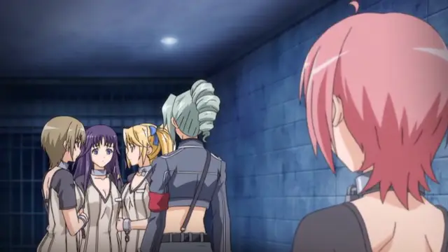 In a dimly lit room, a group of anime girls with distinct hairstyles and outfits stand in a line facing a pink-haired woman from behind. Screenshot from Toriko Hime Hakudaku Mamire no Reijou - Episode 2