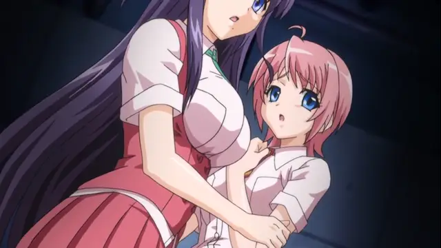 An anime girl with long dark hair and a red school uniform holds a smaller girl with pink hair in a white outfit against her chest, both looking shocked. Screenshot from Toriko Hime Hakudaku Mamire no Reijou - Episode 2