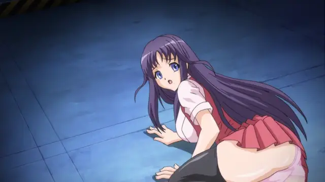 A purple-haired anime girl in a school uniform is kneeling on a tiled floor, looking back over her shoulder with a shocked expression as her skirt is pulled up, revealing her bare buttocks and panties. Screenshot from Toriko Hime Hakudaku Mamire no Reijou - Episode 2