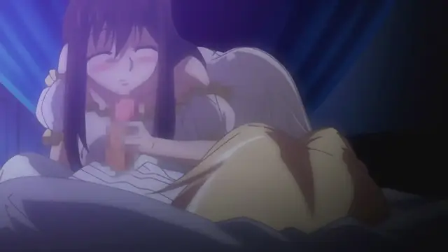 A blushing anime girl with long dark hair sits on a bed, holding an erect penis in her hands with a dazed expression. Screenshot from Samayou Midara na Lunatics - Episode 1