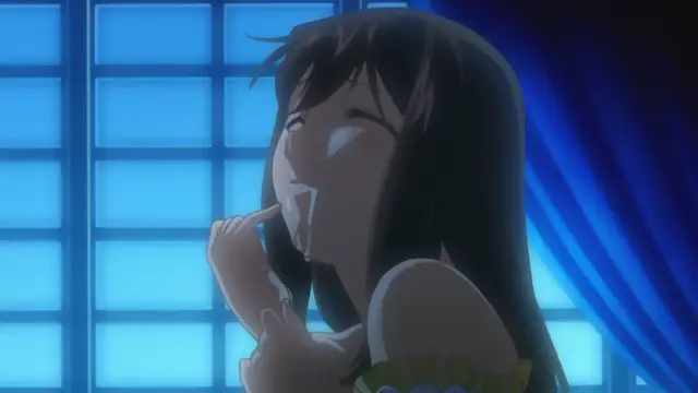 An anime girl with long dark hair and a surprised expression has white fluid dripping from her mouth while she sits in front of a blue shoji screen. Screenshot from Samayou Midara na Lunatics - Episode 1