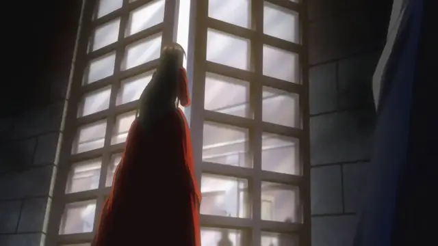 A girl with long hair wearing a red cloak stands with her back to the viewer, looking out a large multi-paned window into a misty outdoor area. Screenshot from Samayou Midara na Lunatics - Episode 1