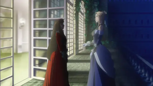 Two women in royal gowns, one in red and one in blue, stand facing each other in a stone hallway lined with large windows. Screenshot from Samayou Midara na Lunatics - Episode 1