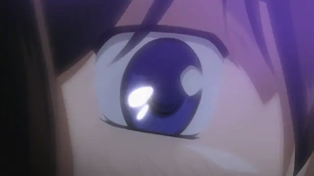 A close-up of an anime girl's face with a blank expression and large purple eyes. Screenshot from Samayou Midara na Lunatics - Episode 1