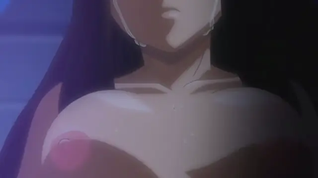 A close-up shot of a sweating anime girl with long dark hair and a vacant expression, showcasing her bare chest and large breasts. Screenshot from Samayou Midara na Lunatics - Episode 1