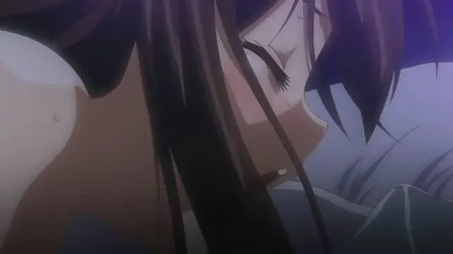 A close-up shot of an anime girl with long dark hair and closed eyes, showing a blushing face and an open mouth with her tongue out as she is being intimate with another person. Screenshot from Samayou Midara na Lunatics - Episode 1