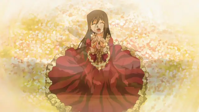 A girl in a frilly red dress stands in a field of flowers with her eyes closed and hands together as if praying. Screenshot from Samayou Midara na Lunatics - Episode 1