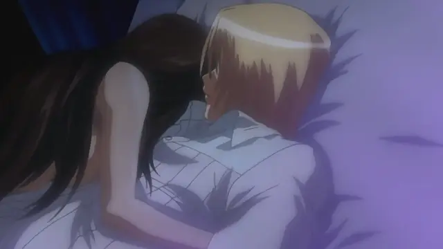 A girl with long dark hair and a blonde-haired man lie in a bed together, facing each other in a close, intimate pose. Screenshot from Samayou Midara na Lunatics - Episode 1