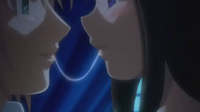 A close-up shot of a male and female anime character facing each other with their lips almost touching in a romantic, intimate moment. Screenshot from Samayou Midara na Lunatics - Episode 1
