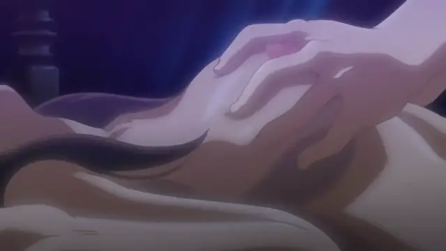 A close-up shot shows a woman lying down with her eyes closed while a man's hand rests on her chest. Screenshot from Samayou Midara na Lunatics - Episode 1