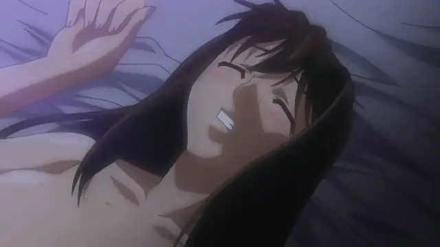 A close-up shot of a girl with long dark hair lying on a bed with her eyes closed and her mouth open in a blush, appearing to be in ecstasy or climax. Screenshot from Samayou Midara na Lunatics - Episode 1