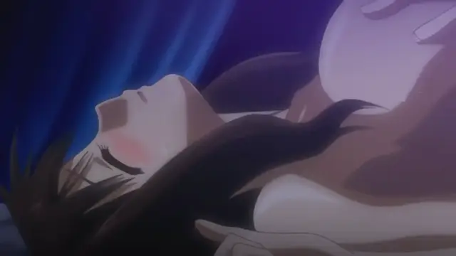 A close-up shot of a girl with dark hair lying on her back with her eyes closed and a blush on her face. Screenshot from Samayou Midara na Lunatics - Episode 1