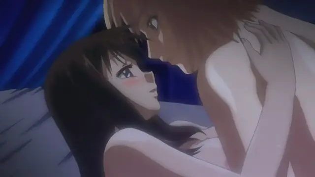 A blonde woman leans over a dark-haired woman lying on a bed, pressing her face against hers in an intimate, nude scene. Screenshot from Samayou Midara na Lunatics - Episode 1