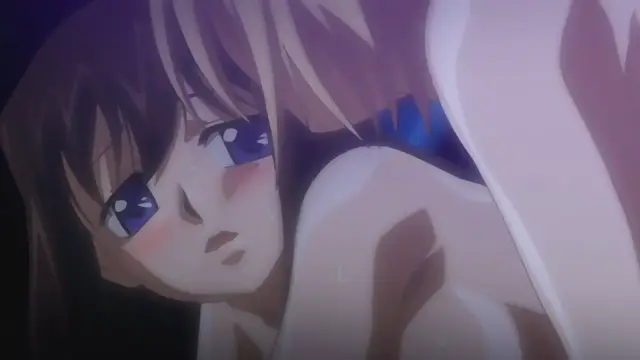 A close-up shot shows two girls, one with dark hair and one with blonde hair, blushing as they are positioned together in a suggestive pose against a dark background. Screenshot from Samayou Midara na Lunatics - Episode 1