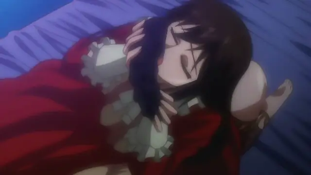 An anime girl with dark hair and a red dress lies on a blue bed with her eyes closed and hands behind her head. Screenshot from Samayou Midara na Lunatics - Episode 2