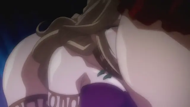 A close-up, low-angle shot focuses on a large-breasted anime girl with brown hair and purple clothing, bending forward as her large breasts hang down. Screenshot from Samayou Midara na Lunatics - Episode 2