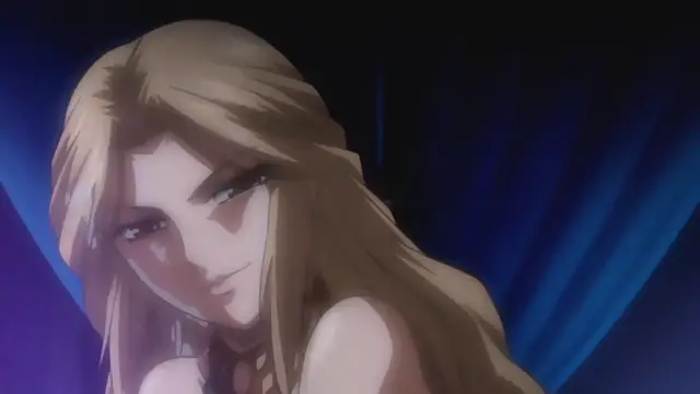 A close-up shot of a blonde woman with a seductive expression and heavy eyeliner, wearing a revealing gold top and jewelry against a dark blue background. Screenshot from Samayou Midara na Lunatics - Episode 2