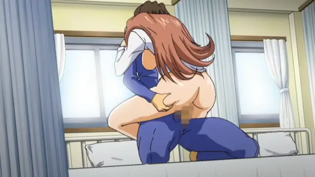 A girl with long brown hair wearing a blue and white tracksuit is bent over a bed while being fucked from behind by a man whose face is obscured. Screenshot from Grope: Yami no naka no Kotoritachi - Episode 1