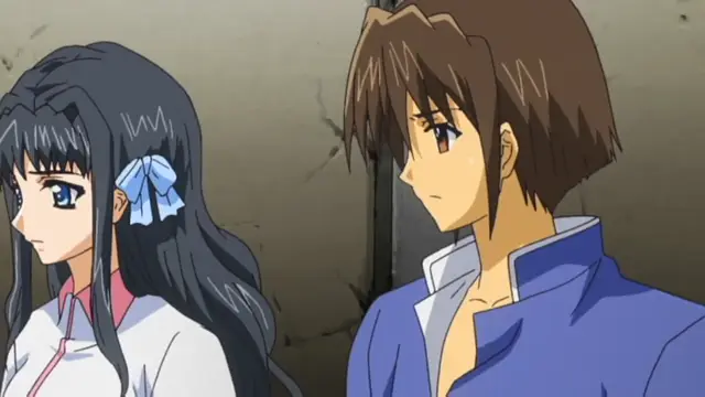 A young man with brown hair and a blue jacket stands next to a long-haired girl in a white and pink outfit as they look at each other with somber expressions. Screenshot from Grope: Yami no naka no Kotoritachi - Episode 1