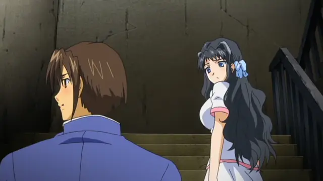 A man in a blue uniform stands on a staircase facing a girl with long black hair wearing a white and pink outfit who looks at him with a surprised expression. Screenshot from Grope: Yami no naka no Kotoritachi - Episode 1