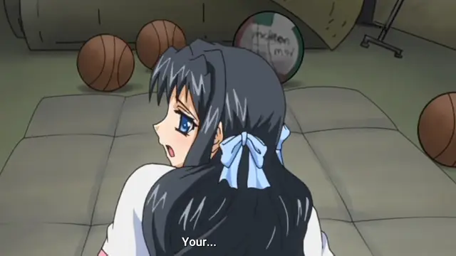 A long-haired anime girl with a blue bow on her head sits on a tatami mat in a room with basketballs and looks back over her shoulder with a surprised expression, accompanied by the subtitle "Your...". Screenshot from Grope: Yami no naka no Kotoritachi - Episode 1