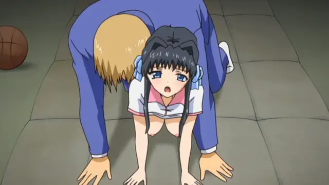 A blonde-haired male character in blue pants bends over a black-haired girl in a school uniform as she leans forward on all fours on a tatami mat with her breasts exposed. Screenshot from Grope: Yami no naka no Kotoritachi - Episode 1