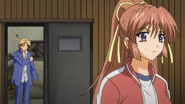 A high school girl with long pink hair and purple eyes looks shocked as she watches a blonde man in a blue suit walk into a room from behind a door. Screenshot from Grope: Yami no naka no Kotoritachi - Episode 1