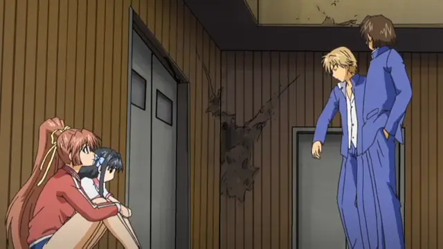 A girl with long pink hair sits on the floor holding another girl with short blue hair, while two men in blue suits look on in shock near a shattered wall. Screenshot from Grope: Yami no naka no Kotoritachi - Episode 1