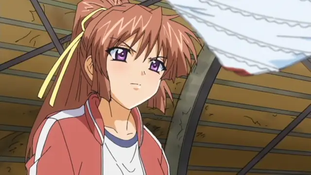 A brown-haired anime girl wearing a red tracksuit looks surprised as a white cloth covers her face from above. Screenshot from Grope: Yami no naka no Kotoritachi - Episode 1