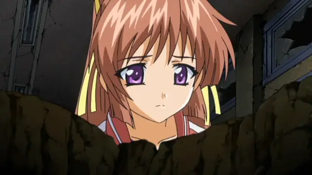 An anime girl with orange hair and large purple eyes peeks out from behind a crumbling stone wall in a ruined city. Screenshot from Grope: Yami no naka no Kotoritachi - Episode 1