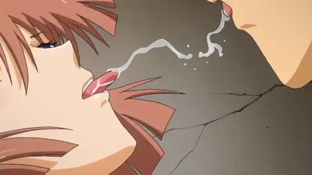 A close-up shot of a girl with short brown hair looking upward with a dazed expression as a trail of white fluid drips from another character's mouth into hers. Screenshot from Grope: Yami no naka no Kotoritachi - Episode 1